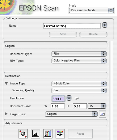 The Epson scanning software interface