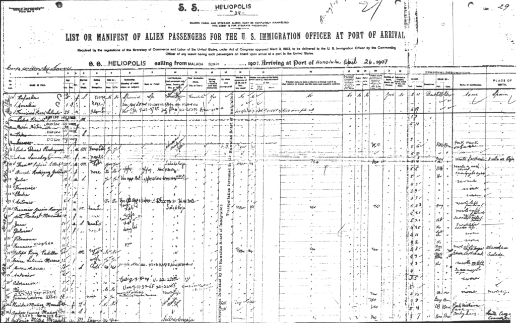Page from the April 26, 1907, passenger manifest of the S.S. Heliopolis