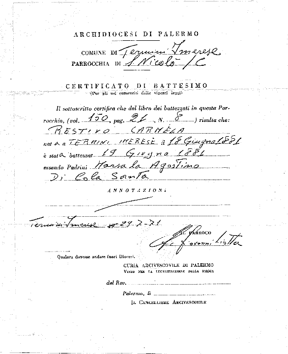 Scan of Carmelina Restivo Di Giorgio's certificate of baptism, 1881