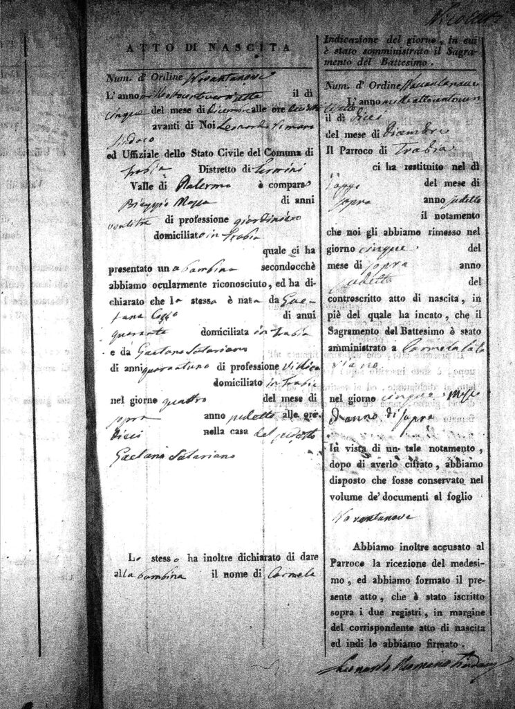 Italian birth certificate of Carmina Satariano Mannina