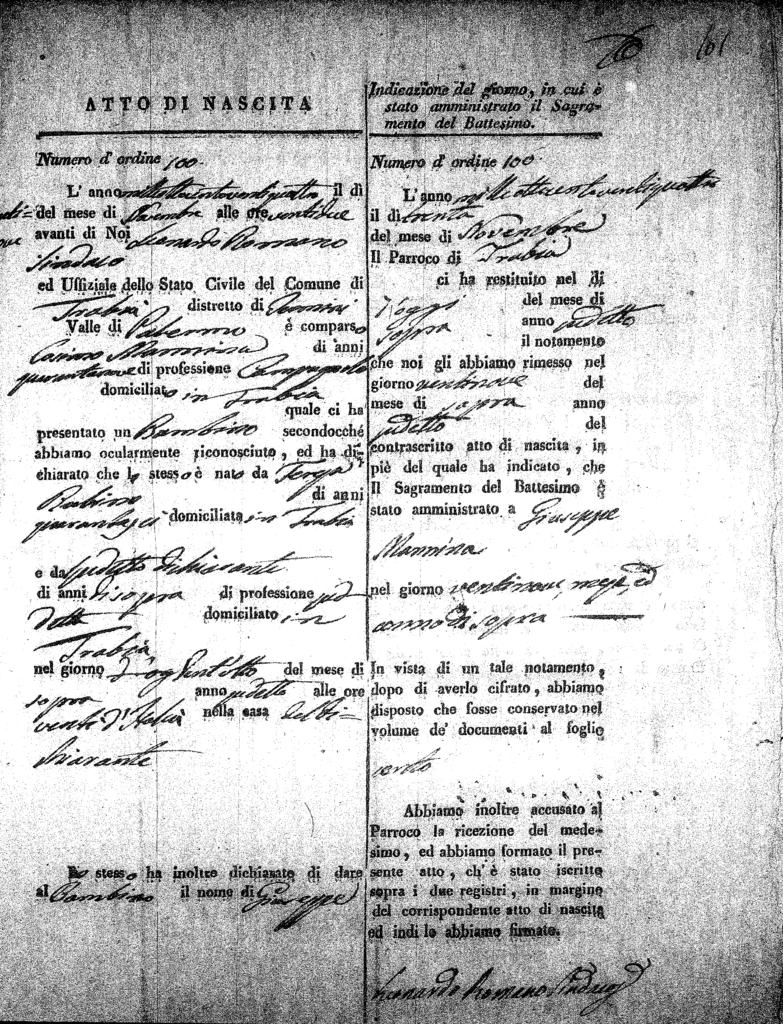 1824 birth certificate of Giuseppe Mannina