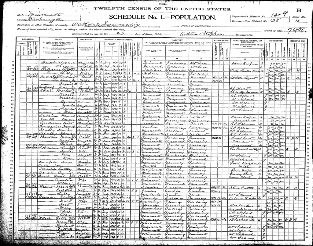 Henry, Christine, and Lilly Grant on lines 86 to 88 of the 1900 U.S. Census