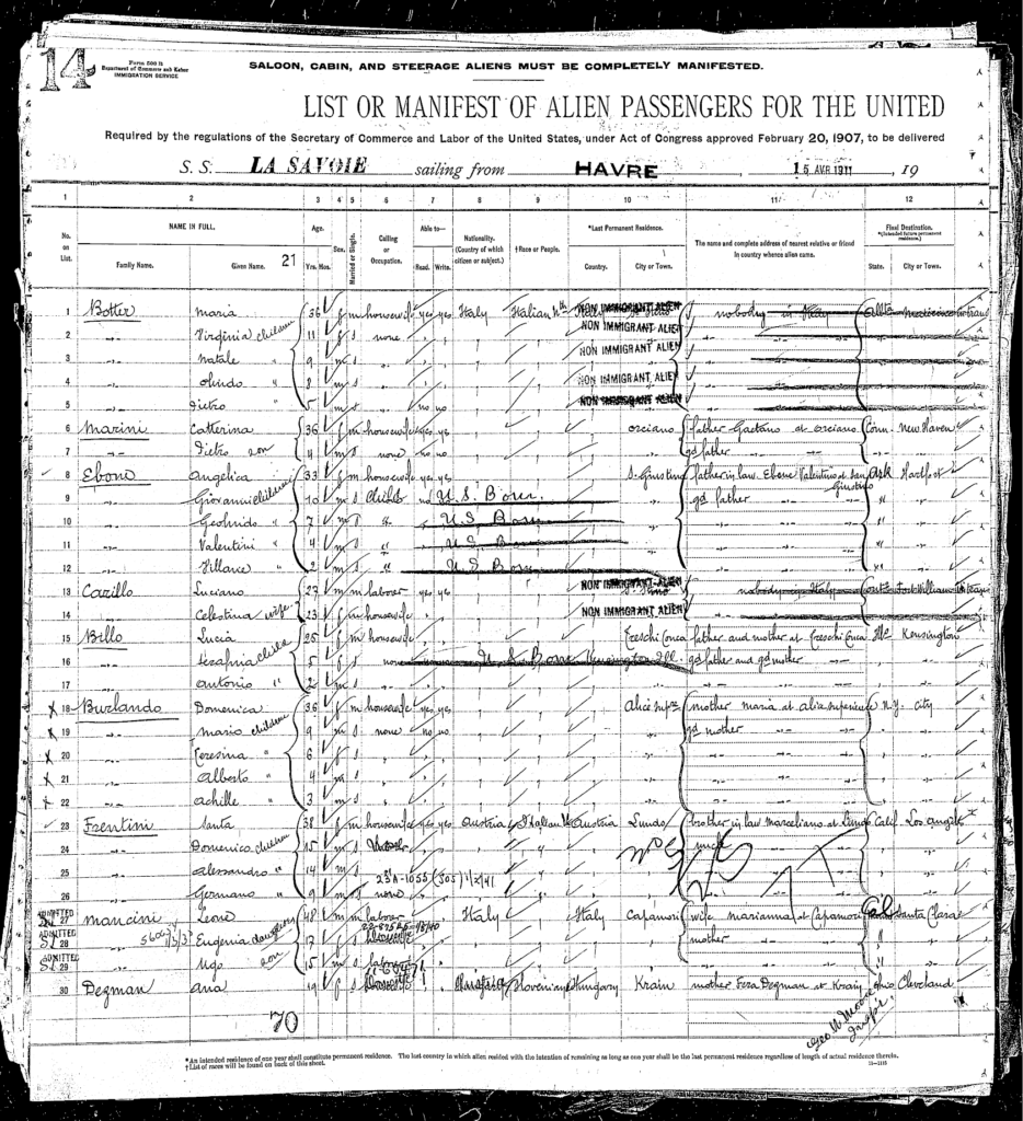 Ellis Island immigration record showing the Mancinis' admittance to the U.S.