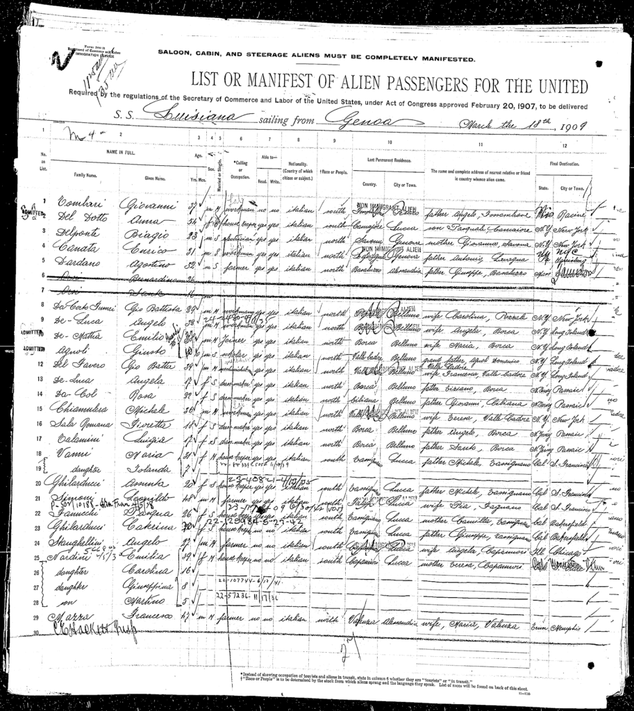 First page of the Ellis Island manifest