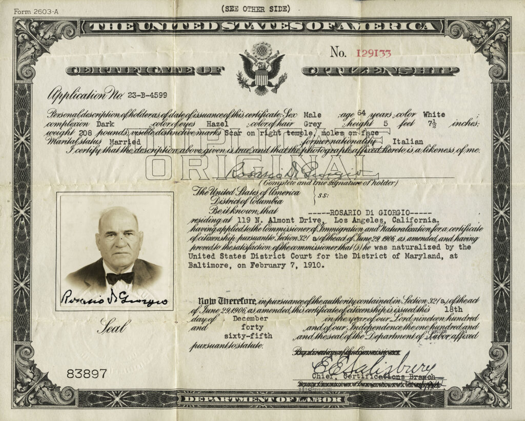 Scan of Rosario's certificate of U.S. citizenship