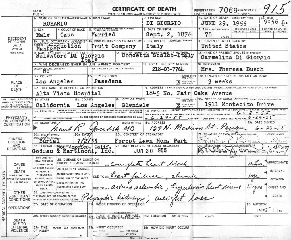 Rosario Di Giorgio's death certificate, issued by the state of California