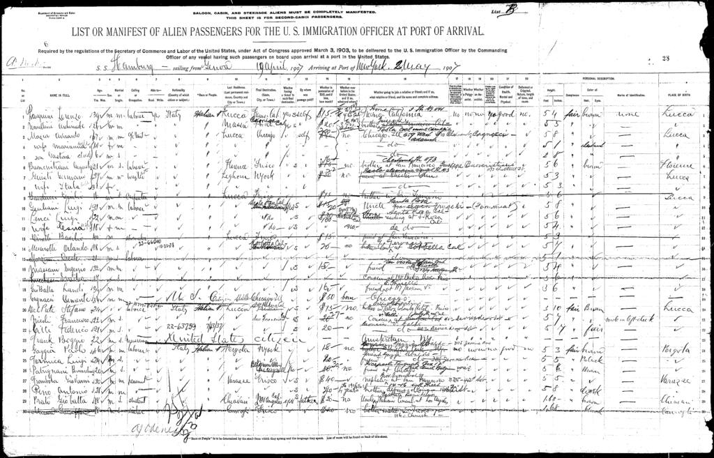 Ellis Island immigration record showing Oreste Sforzini