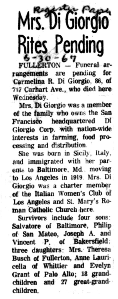 Register Paper obituary notice for Carmelina Restivo Di Giorgio