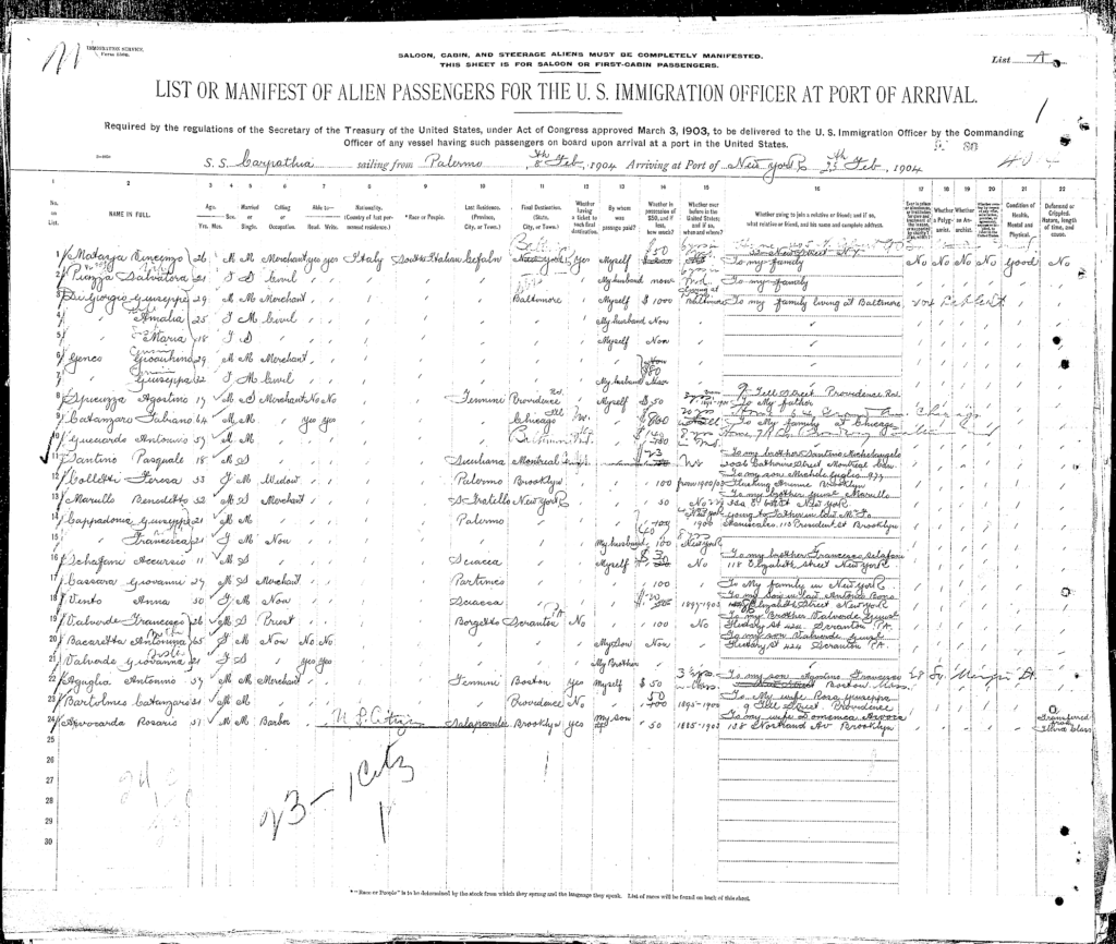 1904 manifest of the S.S. Carpathia, showing Joseph, Amalia, and Maria Di Giorgio arriving in New York from Palermo