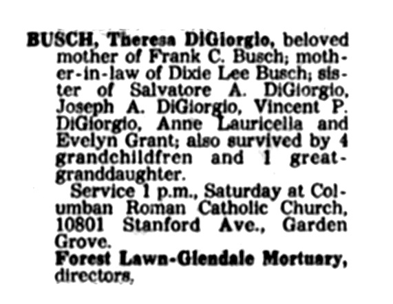 Obituary notice of Theresa Di Giorgio Busch