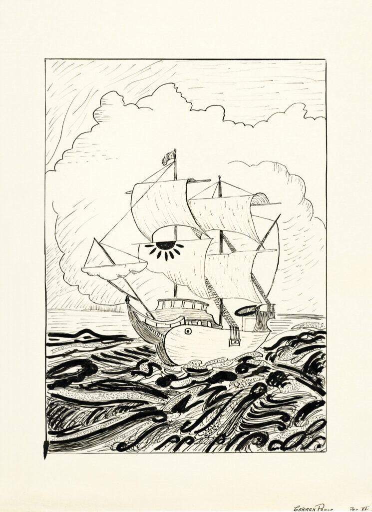 Pen-and-ink drawing of a masted sailing ship on the ocean