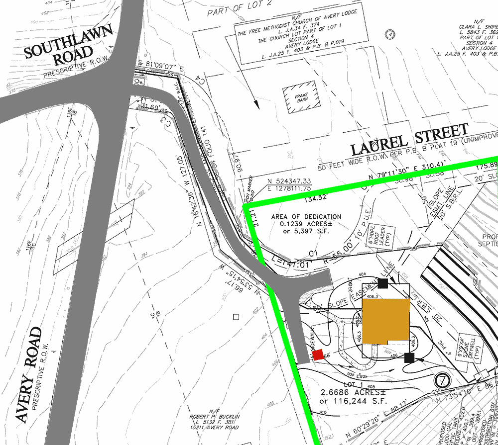 Site plan of our lot, with the tool shed toward the southwest corner of the house. Our front door faces west, toward the driveway coming off Avery Road.