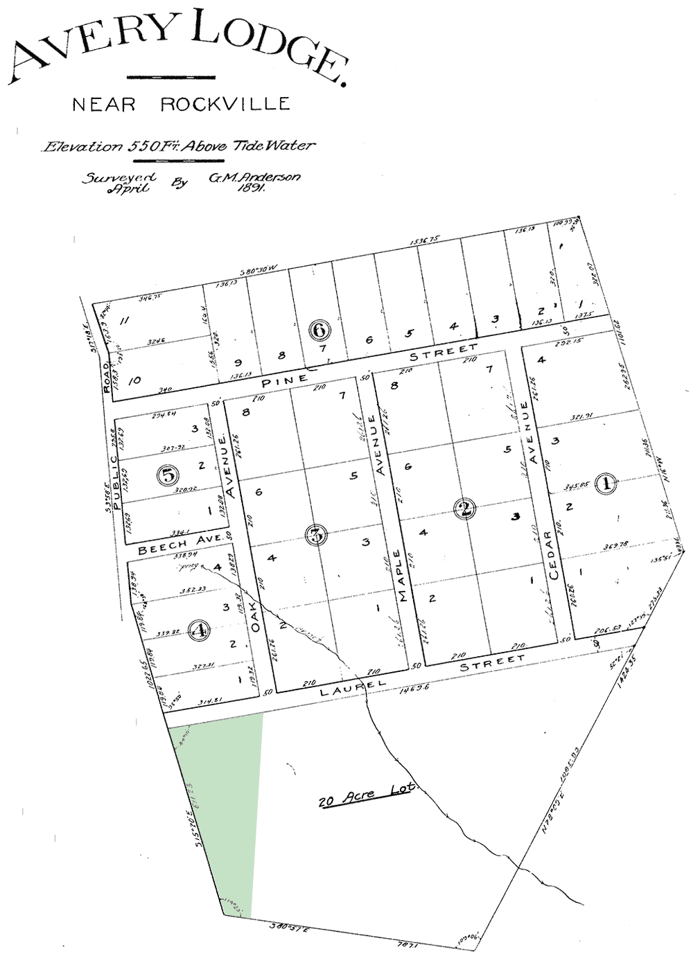 1891 plat of the proposed Avery Lodge community to the north of our future lot. Laurel Street runs along the northern border of our property.