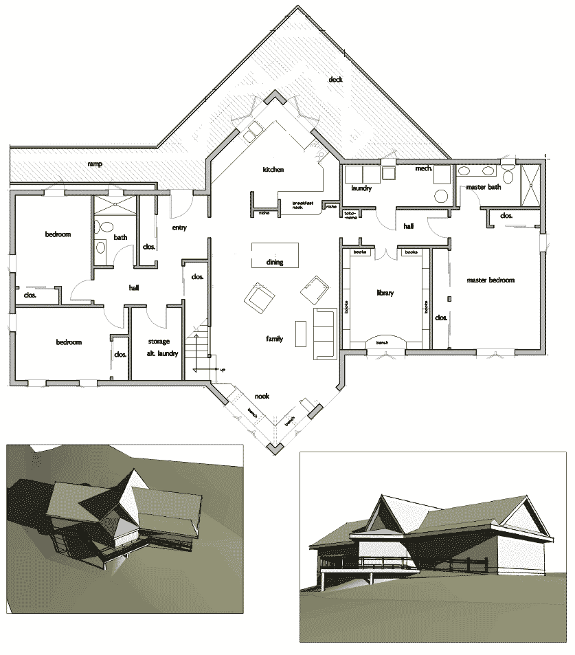 Floor plan and exterior elevations of the original diamond design for the house
